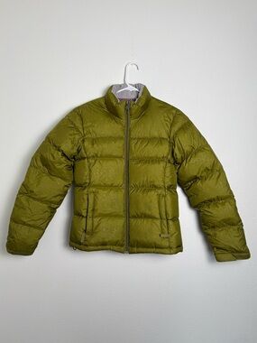 JanSport Green Down Puffer Jacket With a Subtle Snowflake Print Pattern Medium